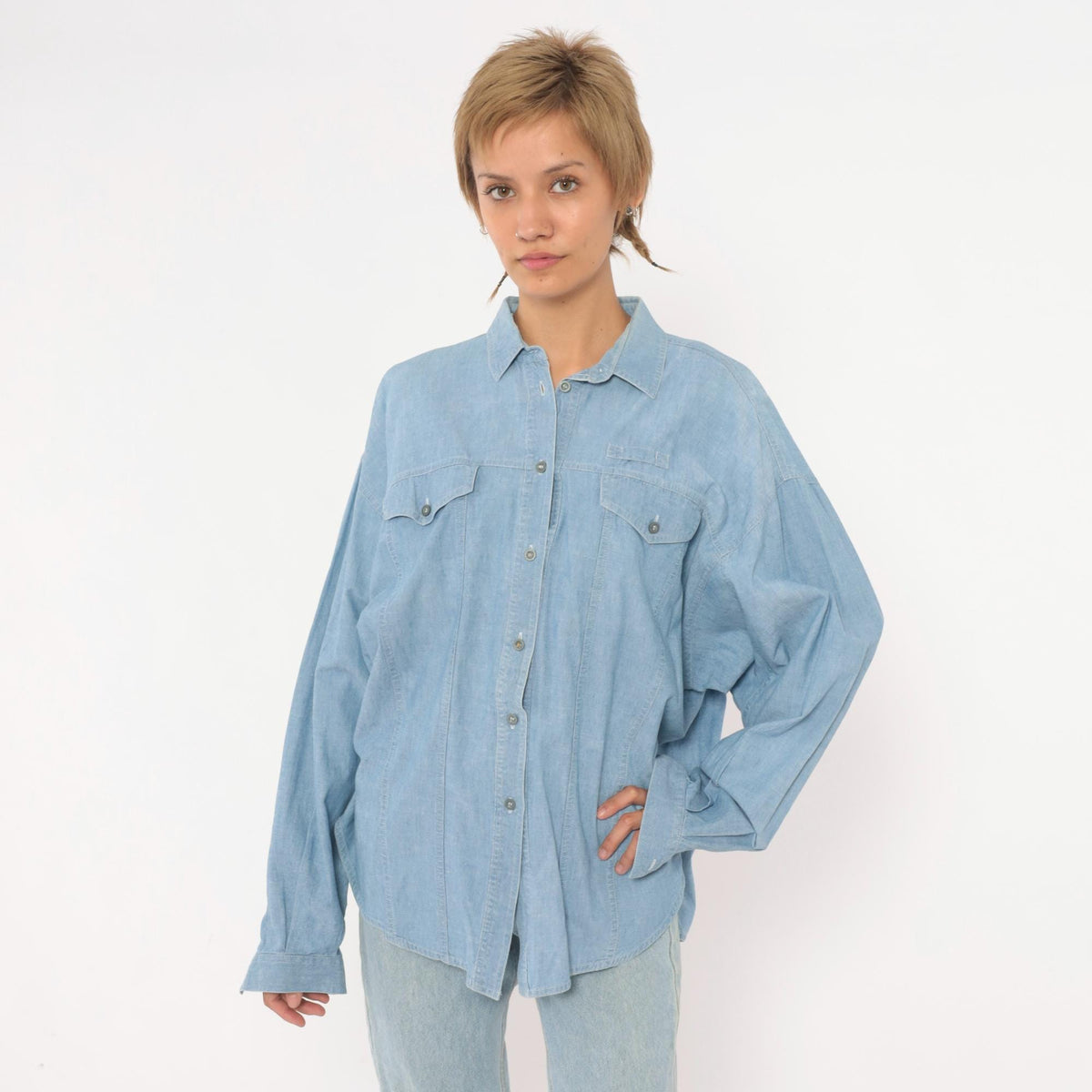 90s Chaussport Chambray Shirt Light Blue Cotton Button-Up Medium M