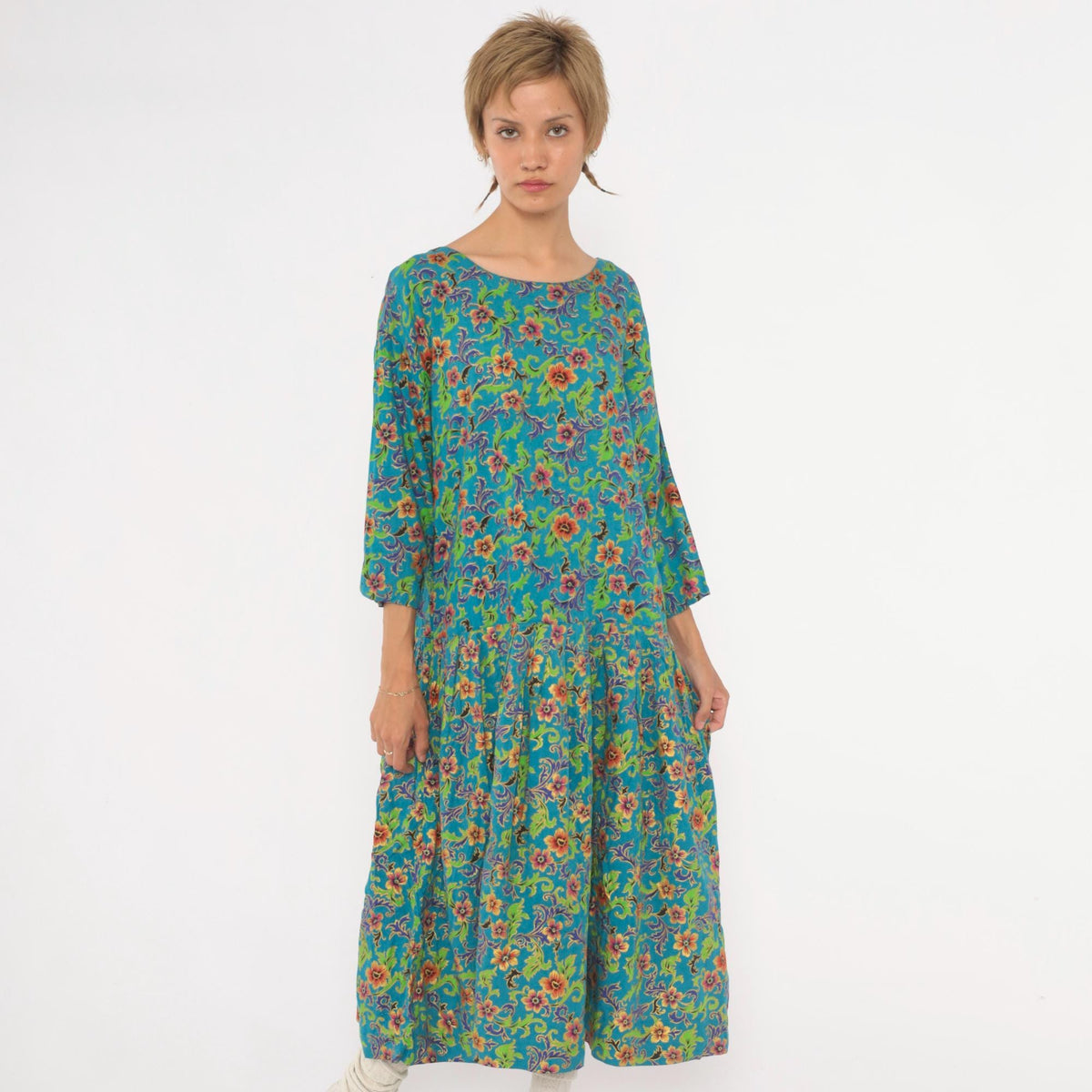 80s Passports Floral Midi Dress Teal Drop Waist Pockets Large L
