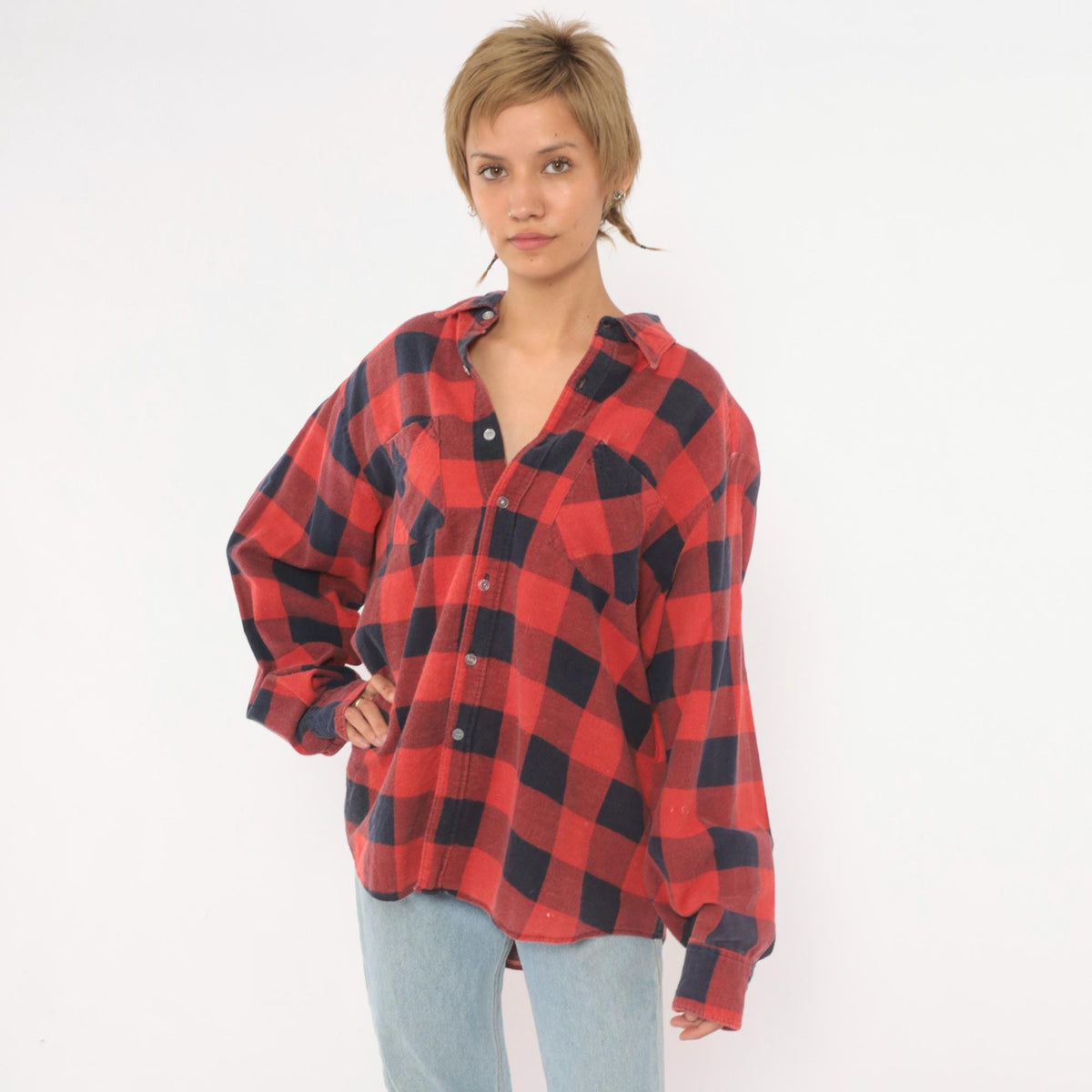 90s Hunter's Lane Buffalo Plaid Flannel Shirt Red Navy Cotton Extra Large