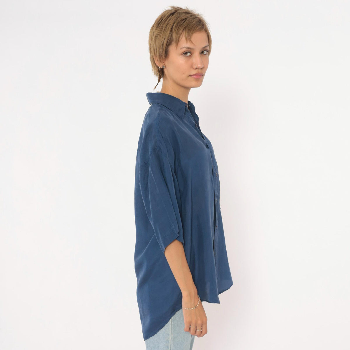 90s Franco Biani Navy Silk Button-Up Shirt Small