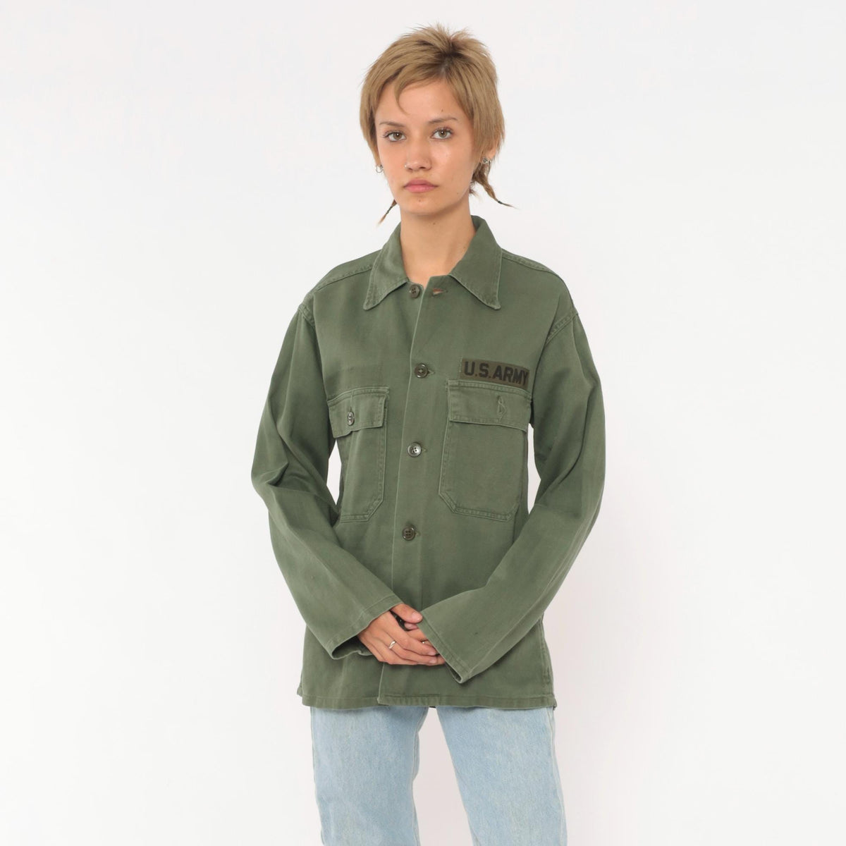 90s US Army Olive Green Button-Up Shirt Cotton Utility Field Top Small