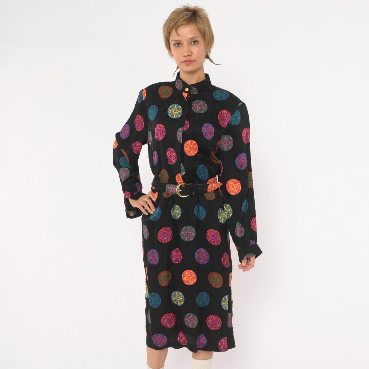 80s Gay Boyer Collections Black Silk Midi Dress Medallion Print Mandarin Collar Medium