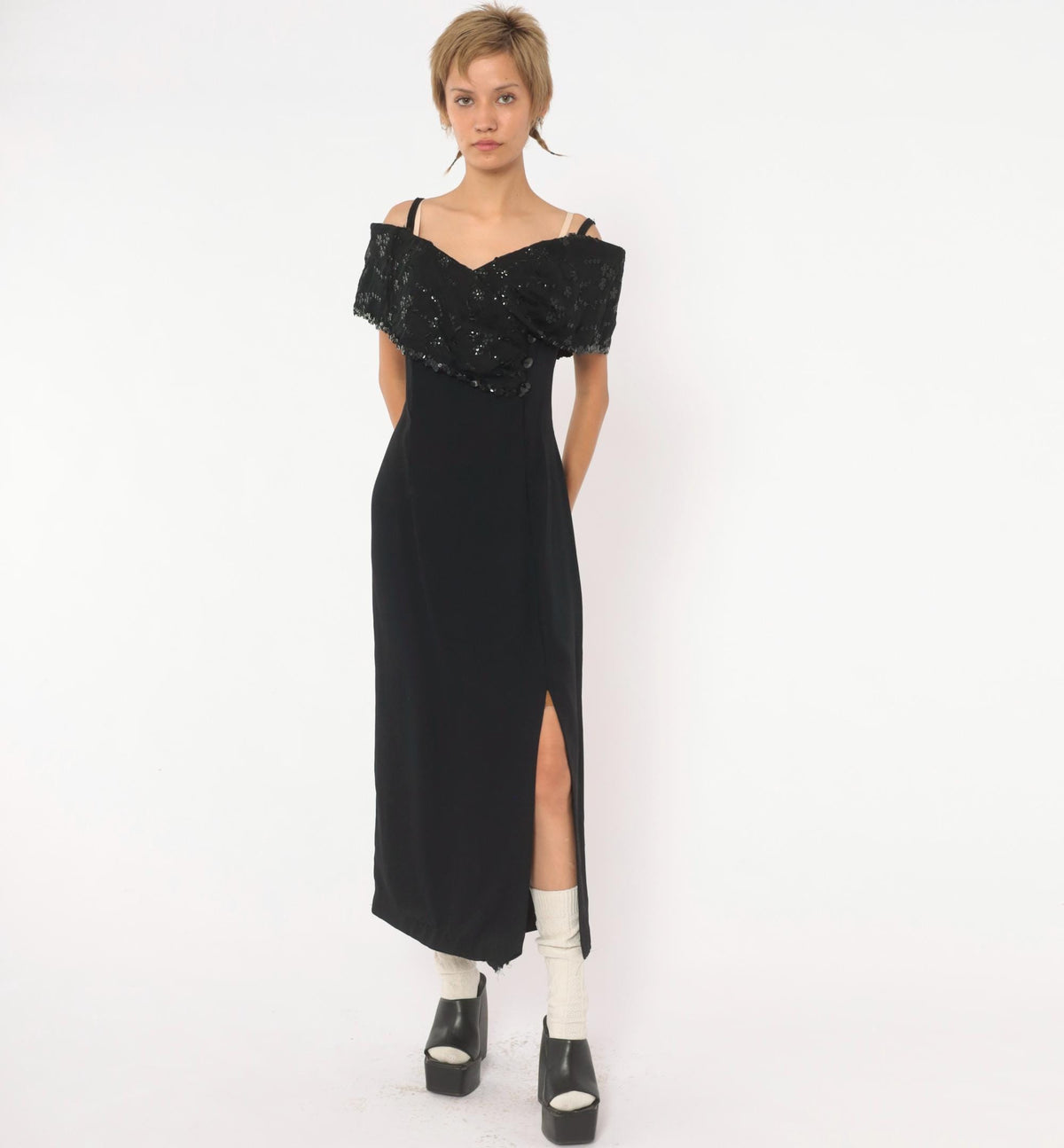 90s J. R. Nites Black Sequin Maxi Dress Off-Shoulder Floral Embroidered Collar Large L