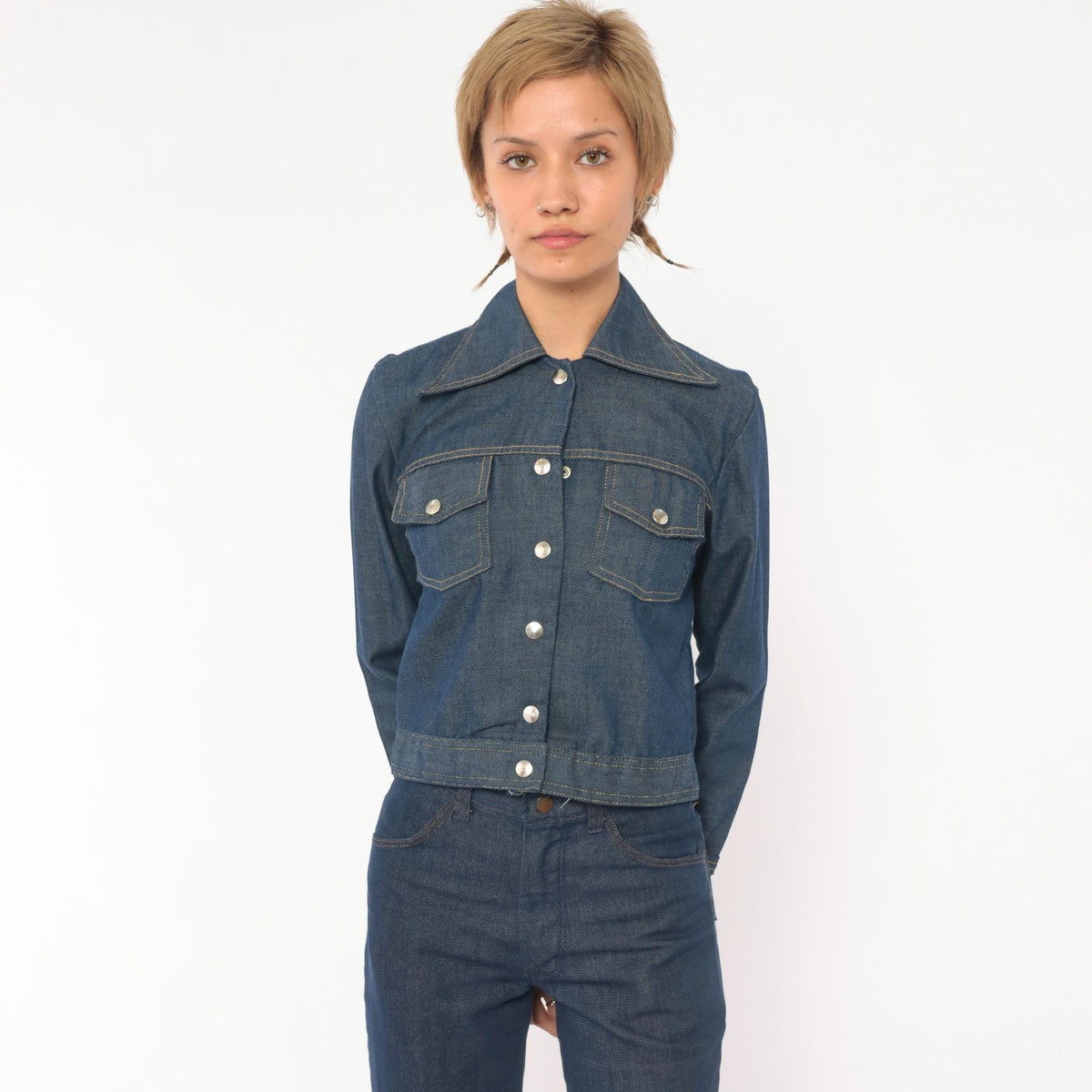 80s Bogart of Texas Denim Two Piece Set Cobalt Blue Cropped Jacket Flare Jeans Extra Extra Small XXS