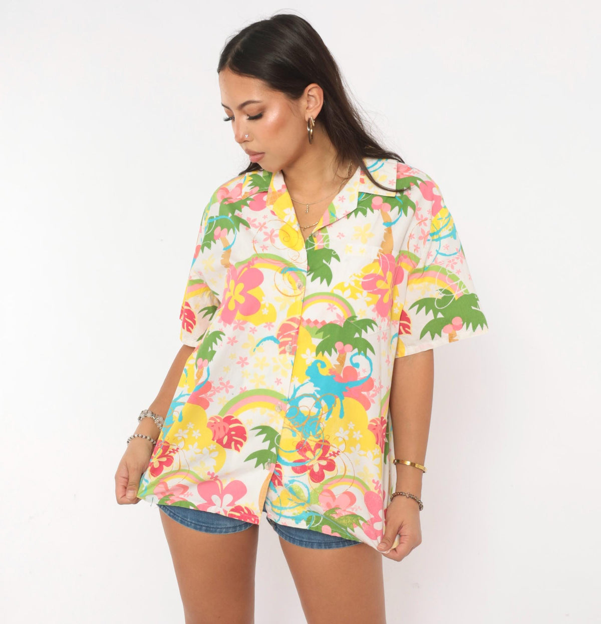 Y2K Barefoot Paradise Hawaiian Shirt White Cotton Camp Collar Tropical Print Extra Large XL