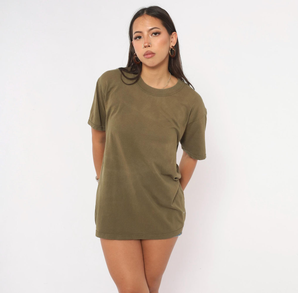 Y2K Duke Olive Green T-Shirt Boxy Crew Neck Plain Tee Medium M
