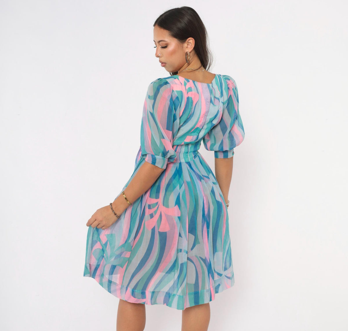 60s Mod Abstract Swirl Print Dress Teal Pink Puff Sleeve V Neck Small