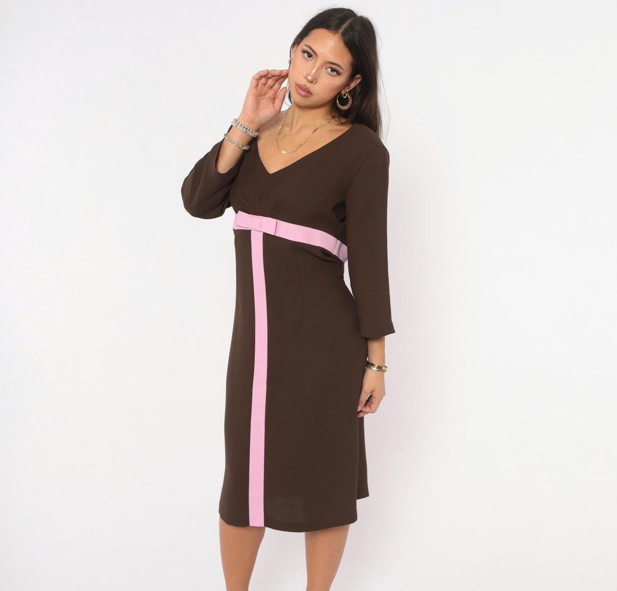 Y2K Robbie Bee Brown Midi Dress Pink Bow Belt V-Neck Empire Waist Large L