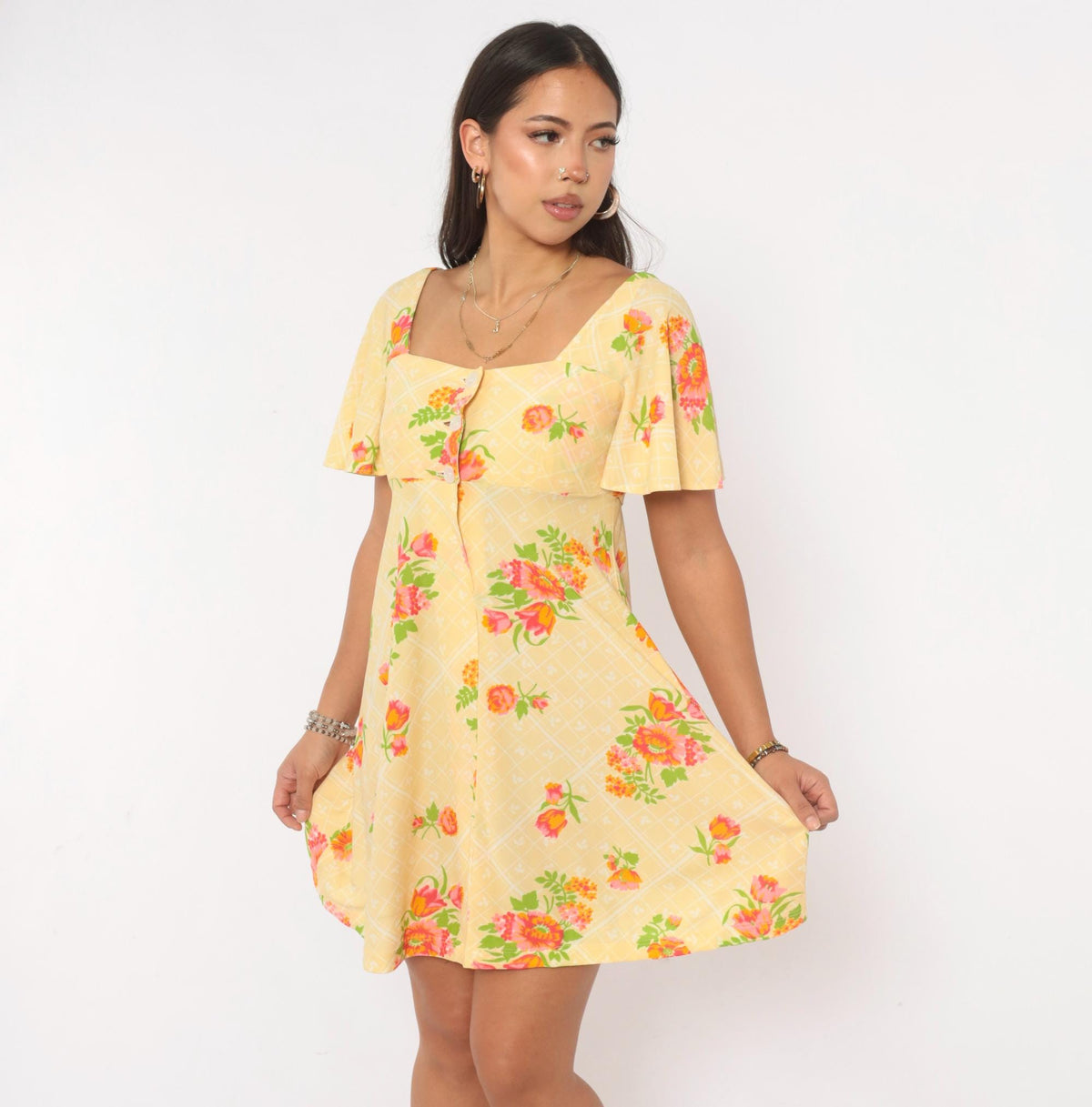 70s Floral Mini Dress Yellow Pink Flutter Sleeve Empire Waist Extra Small XS