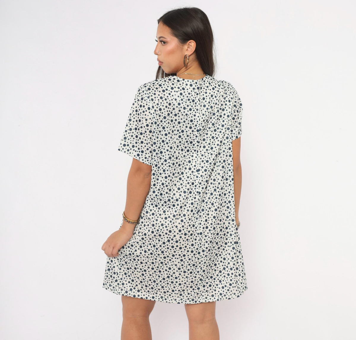 70s Lady Laura Navy White Polka Dot Shift Dress Tie Front Knee Length Extra Large