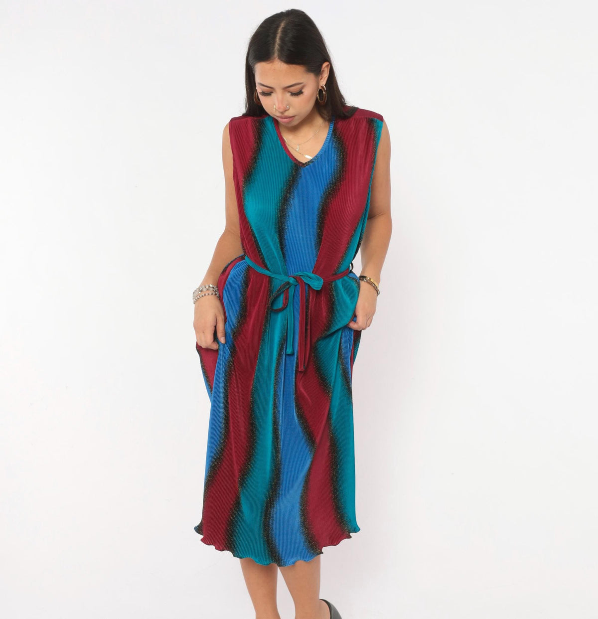 90s Plisse Pleated Ombre Dress Cobalt Blue Burgundy Sleeveless Large