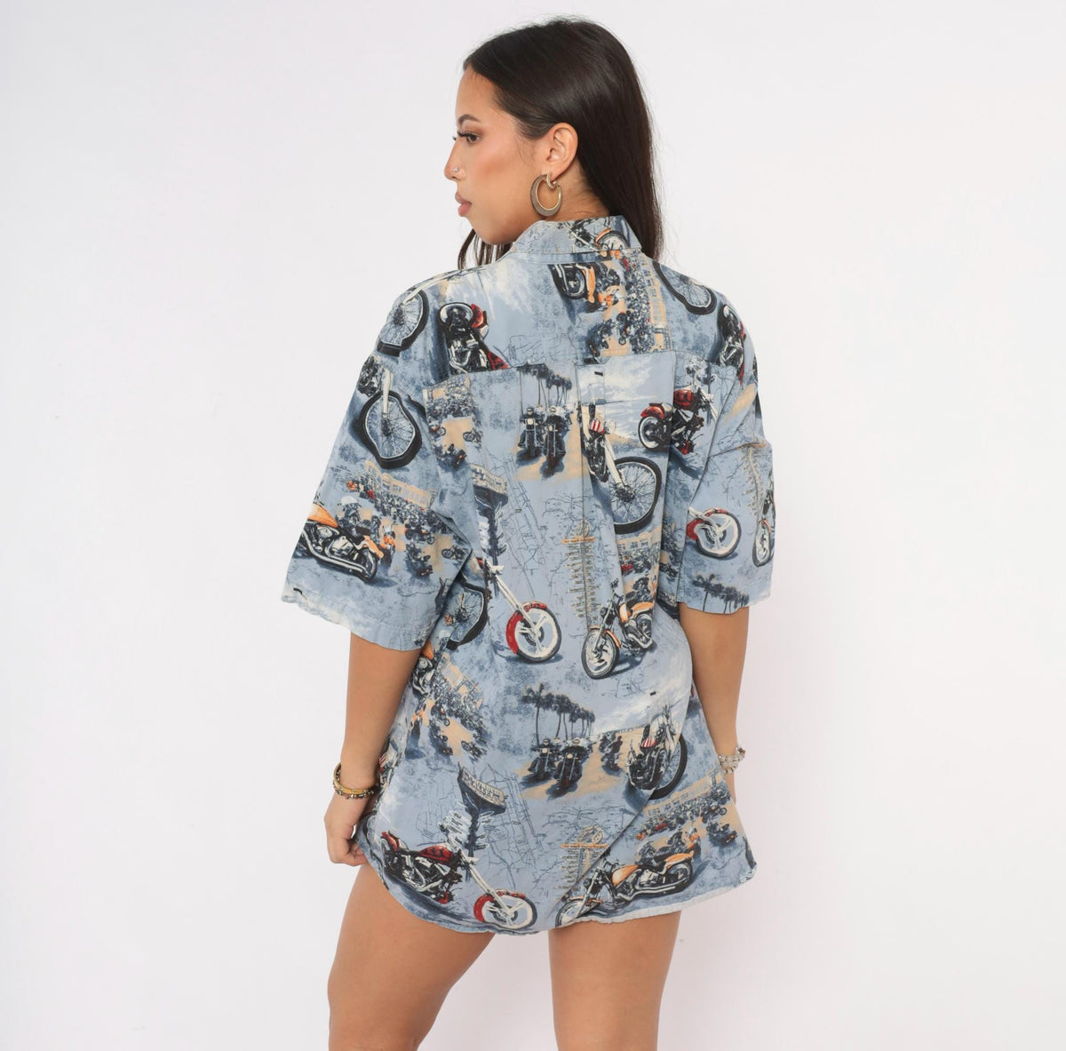 Y2K Redhead Motorcycle Print Button-Up Shirt Blue Cotton Medium