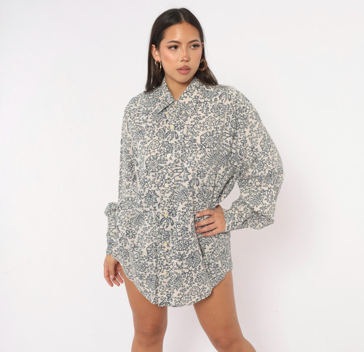 90s Banana Republic Floral Print Cotton Shirt Cream Navy Button Front Extra Large