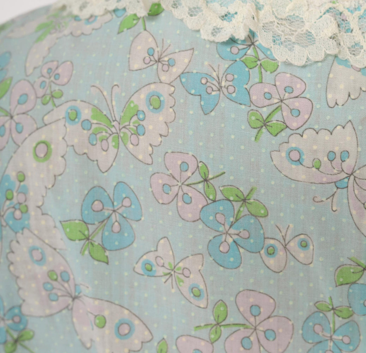 70s Light Blue Butterfly Print Cotton Dress Puff Sleeve Eyelet Lace Yoke Small