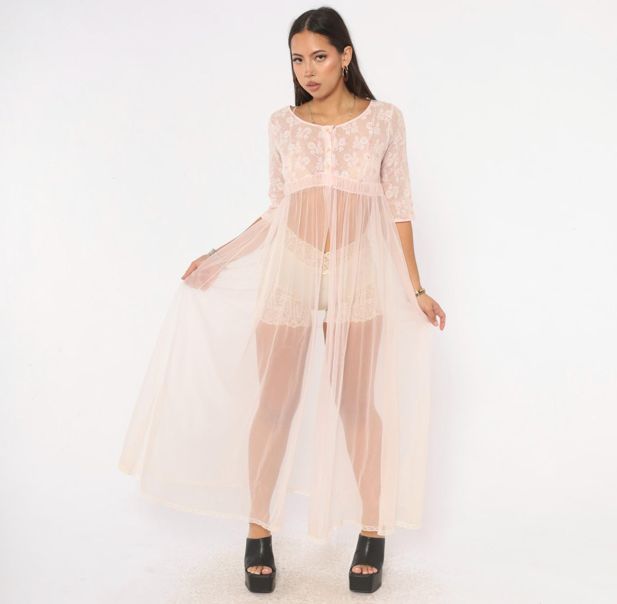 70s Miss Elaine Pink Sheer Peignoir Maxi Robe Lace Embroidered Extra Small