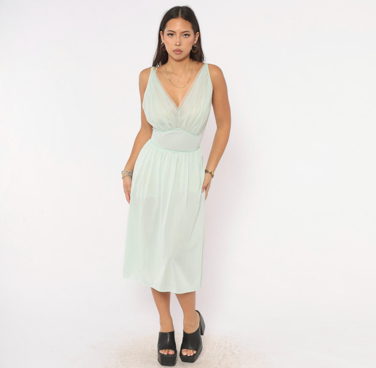 70s Vanity Fair Seafoam Nightgown Deep V Sheer Slip Dress Large L