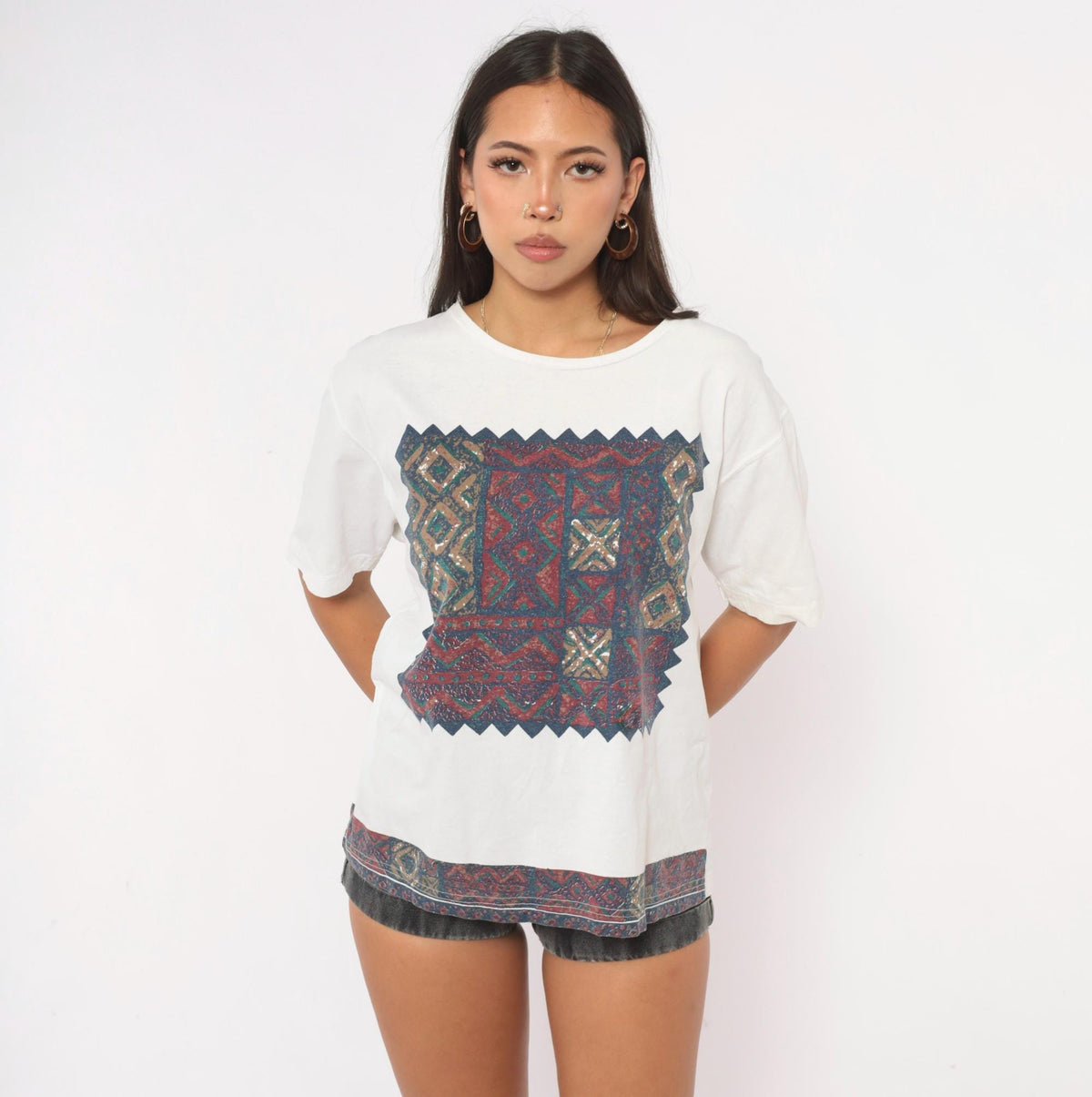 90s Southwestern Tapestry Graphic Tee White Cotton Geometric Burgundy Large L