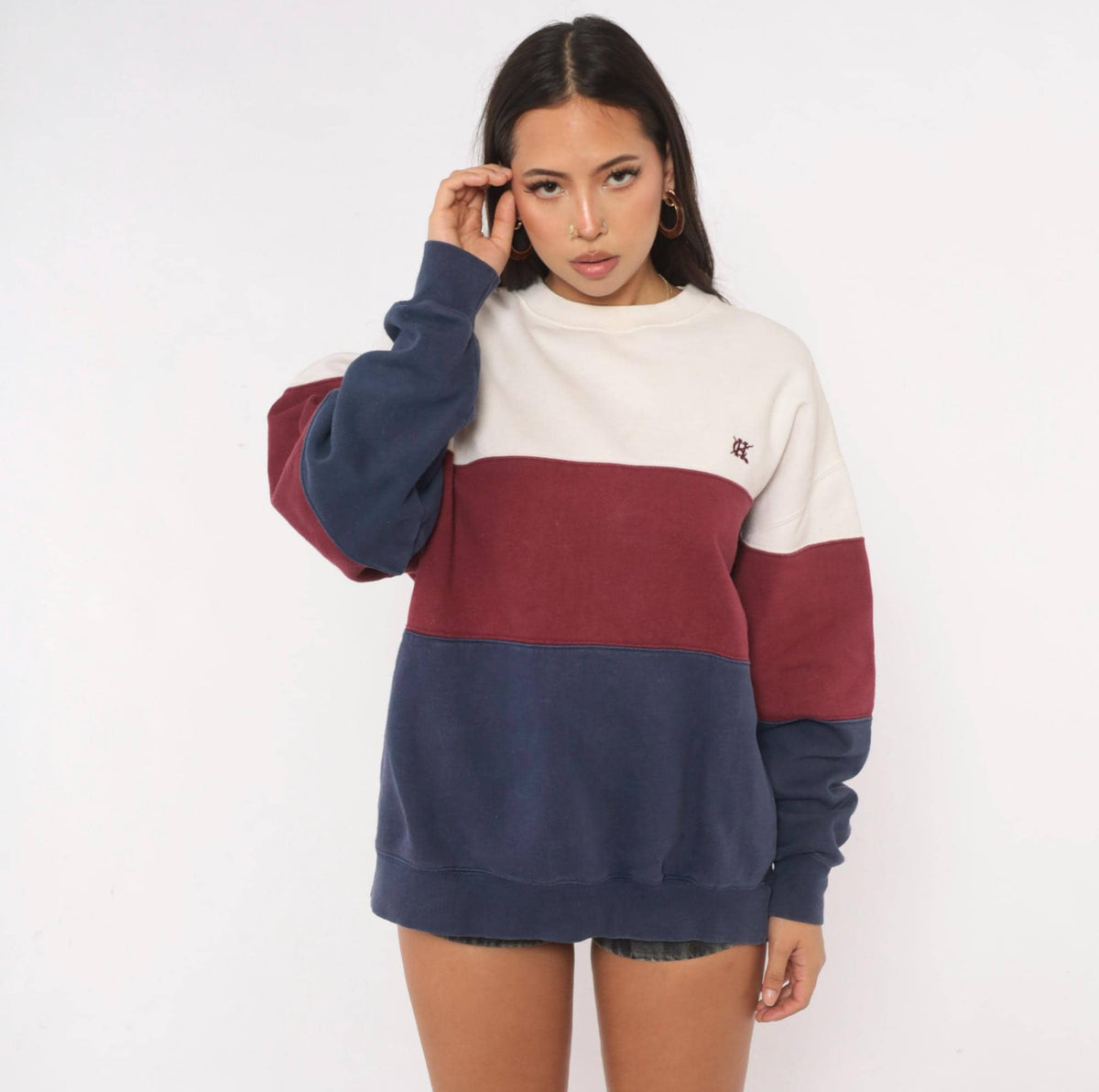 90s Hunt Club Color Block Sweatshirt Cream Burgundy Navy Crewneck Large L