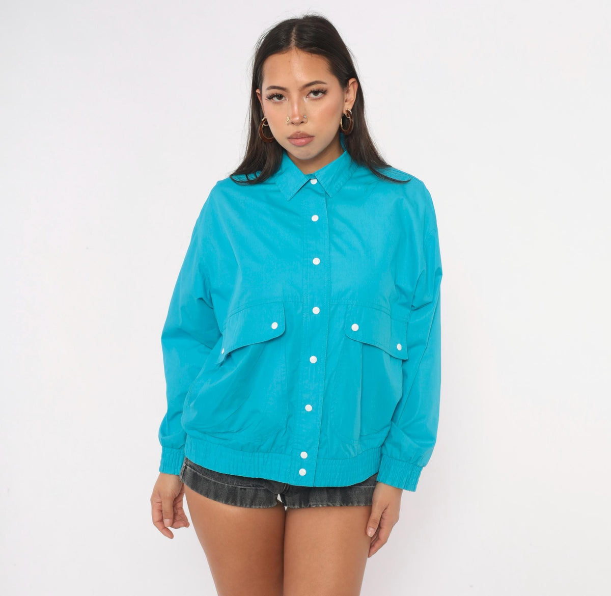 80s Koret Petites Teal Bomber Jacket Snap Front Pointed Collar Small S