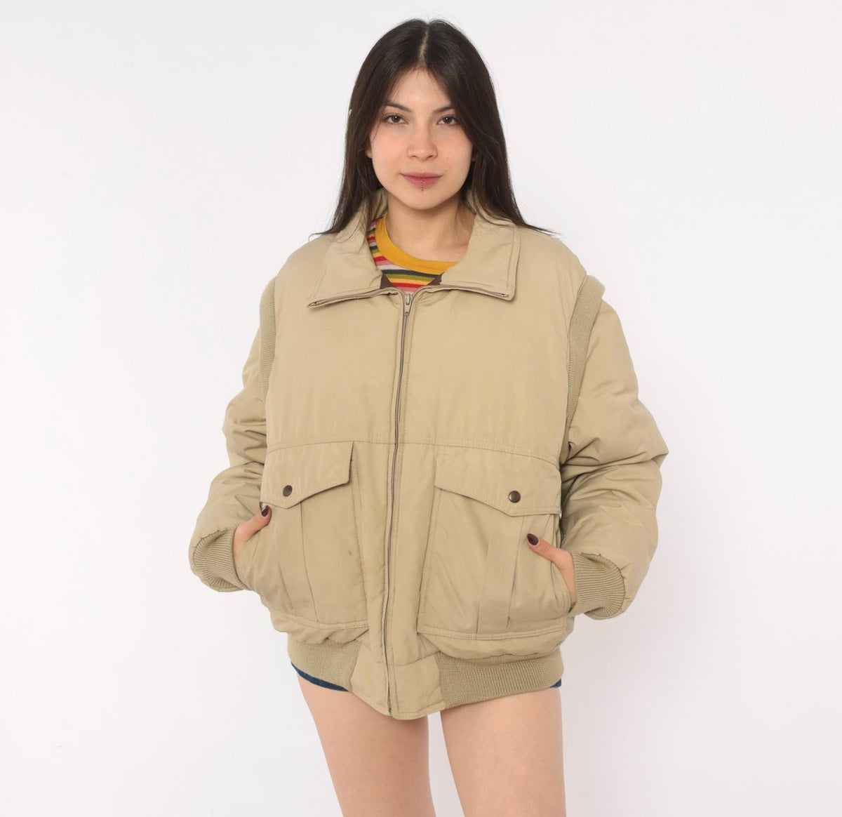 70s Natural High Down Bomber Jacket Convertible Zip-Off Sleeves Tan Medium