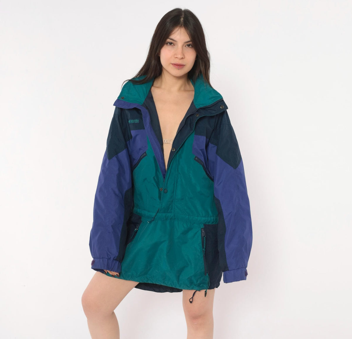 90s Columbia Anorak Navy Teal Purple Color Block Windbreaker Half Zip Small