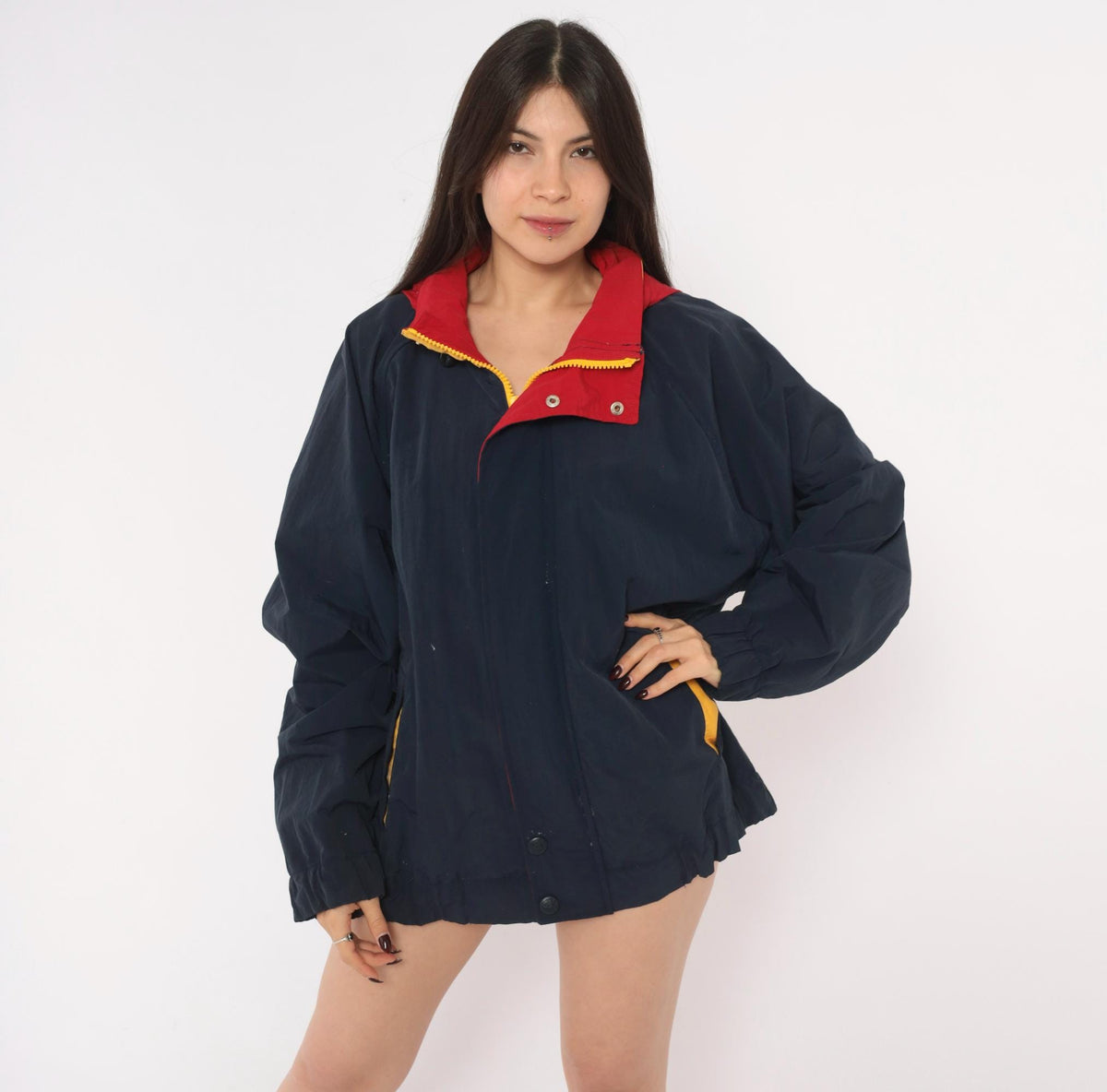 90s Croft & Barrow Navy Windbreaker Hooded Jacket Color Block Red Yellow Extra Large