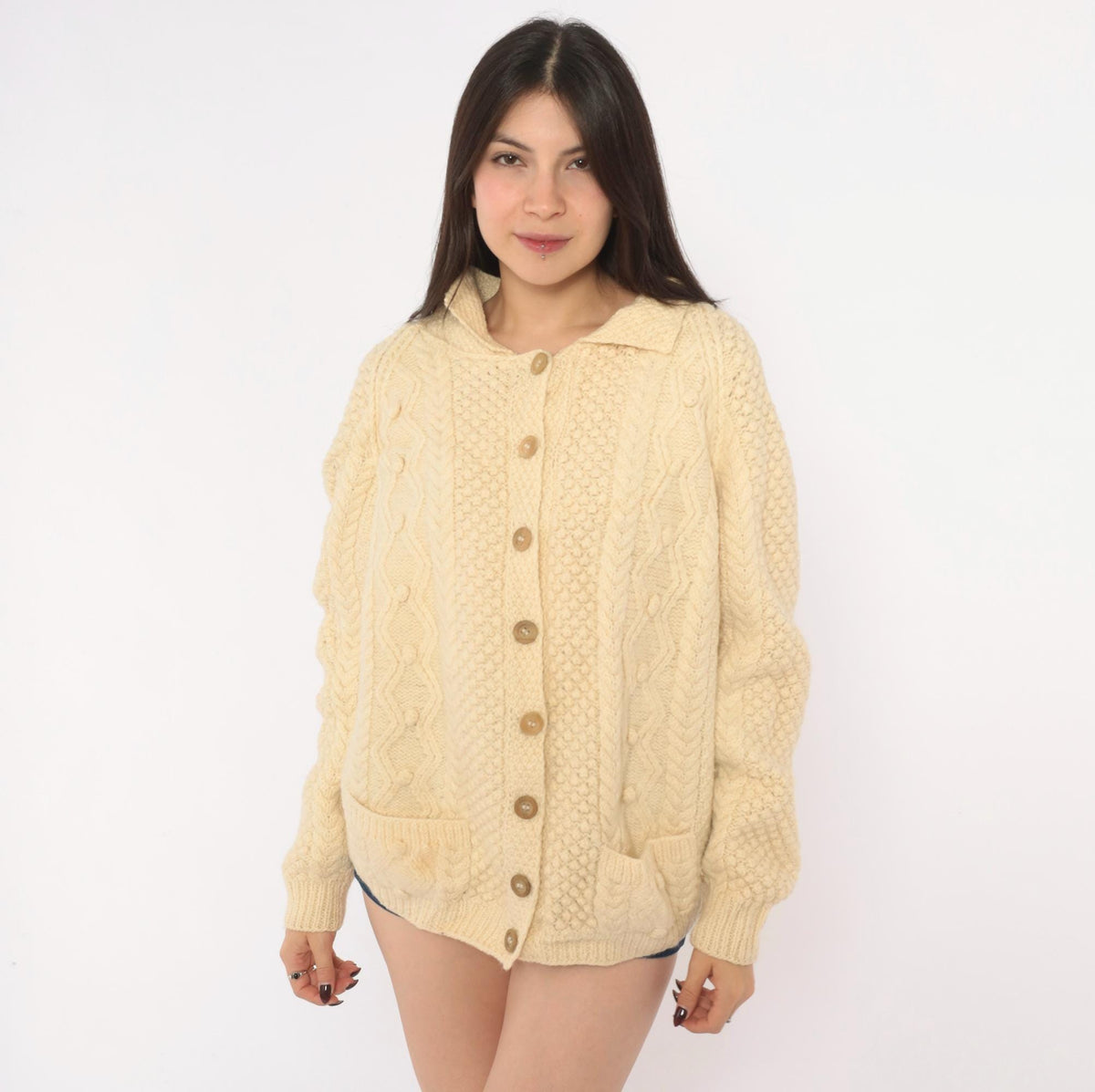 80s Cream Cable Knit Wool Cardigan Fisherman Collar Button Front Large L