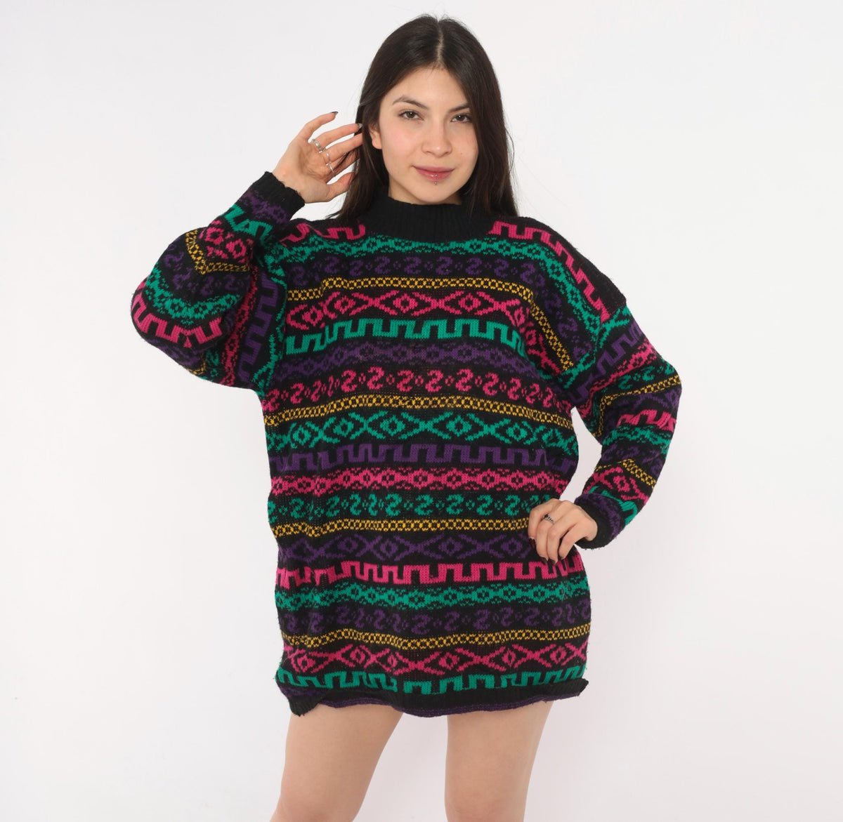 90s Private Eyes Fair Isle Sweater Black Rainbow Geometric Knit Large L