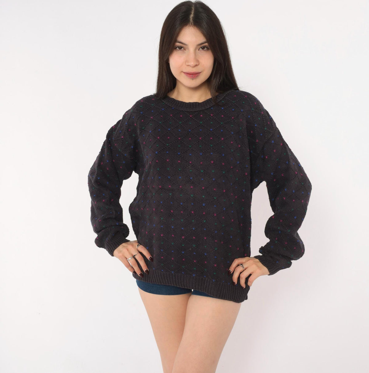 80s Eddie Bauer Cotton Knit Pullover Navy Diamond Pattern Medium