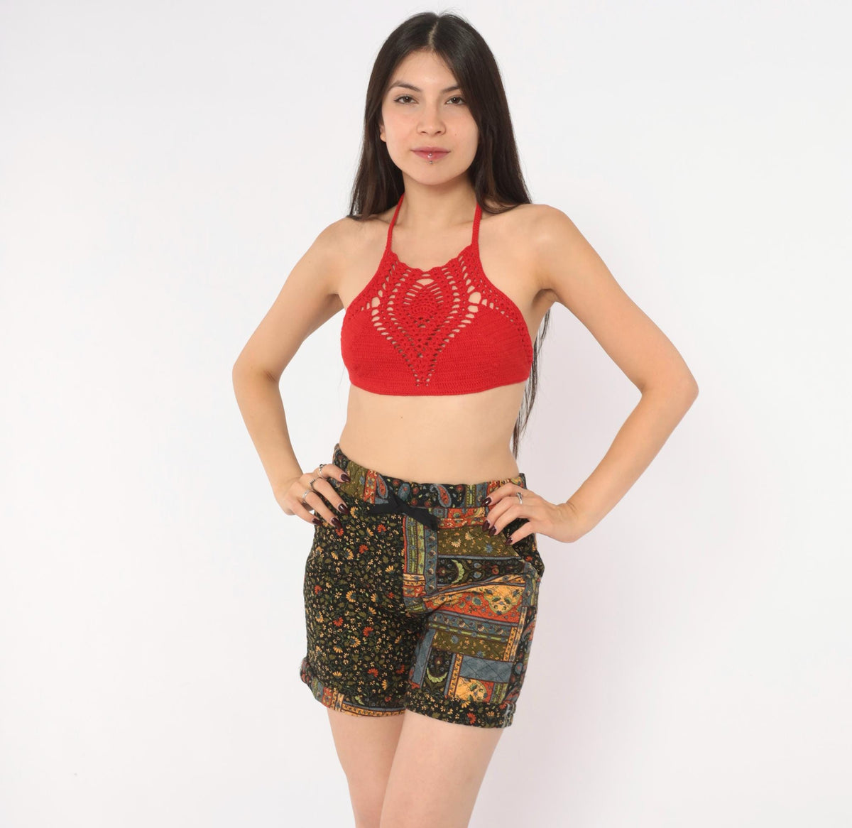 90s Patchwork Floral Shorts Black Paisley Quilted High Rise Small