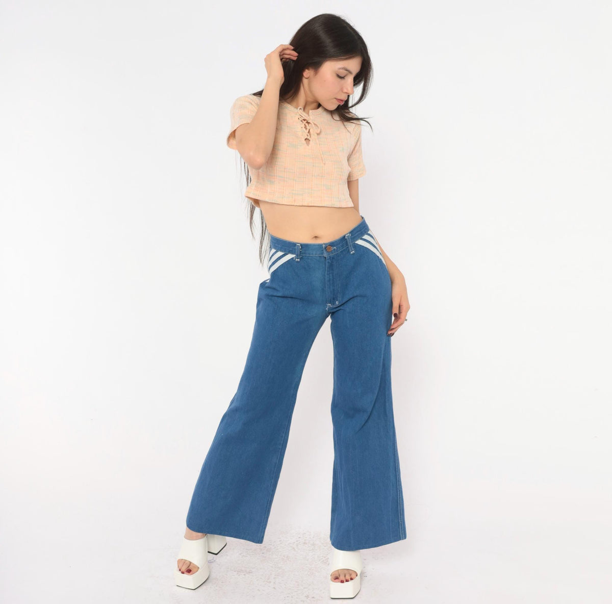70s Viceroy Sportswear Bell Bottom Jeans Blue Denim White Stripe Medium