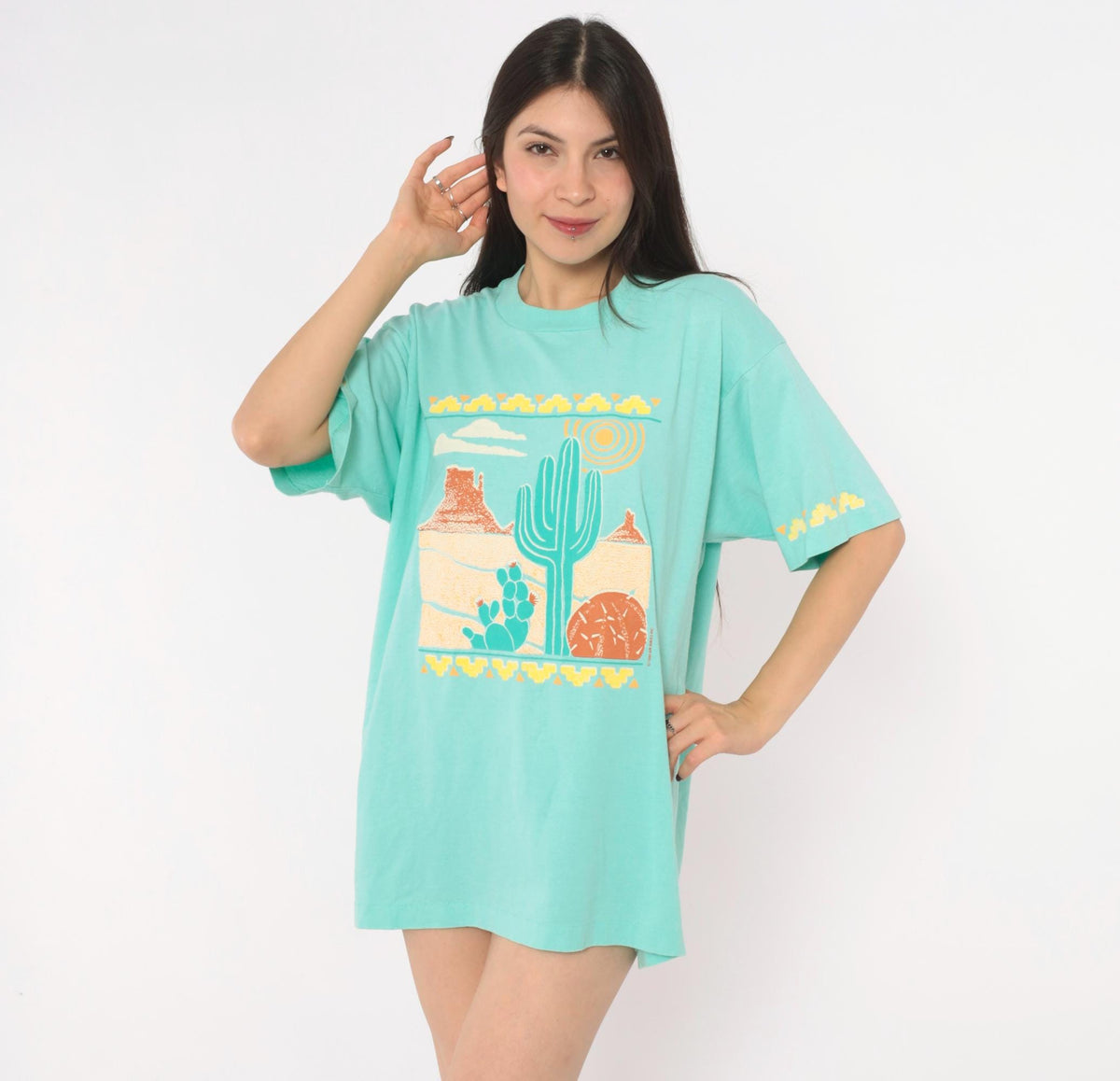 90s Screen Stars Desert Cactus Graphic Tee Seafoam Green Southwestern Extra Large XL