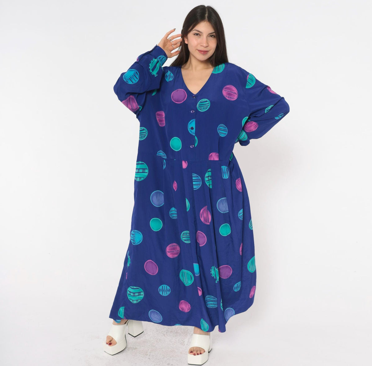 90s Stephanie Thomas Circle Print Dress Purple Blue Plus Size XXL
