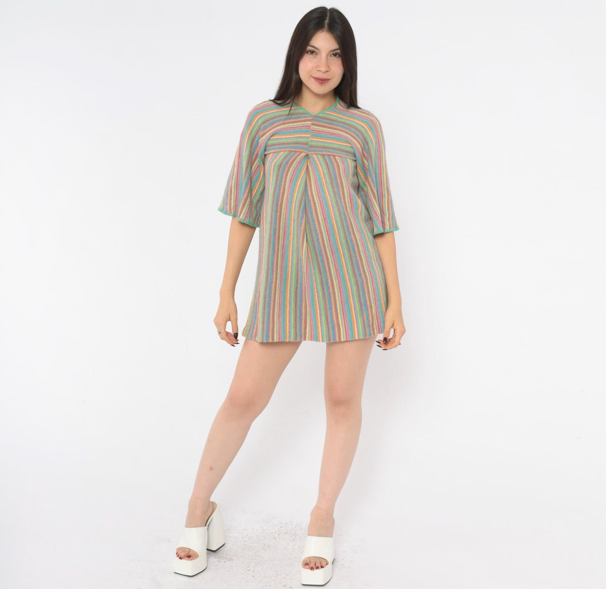 70s Key of Gee Rainbow Striped Knit Mini Dress V Neck A Line Extra Small