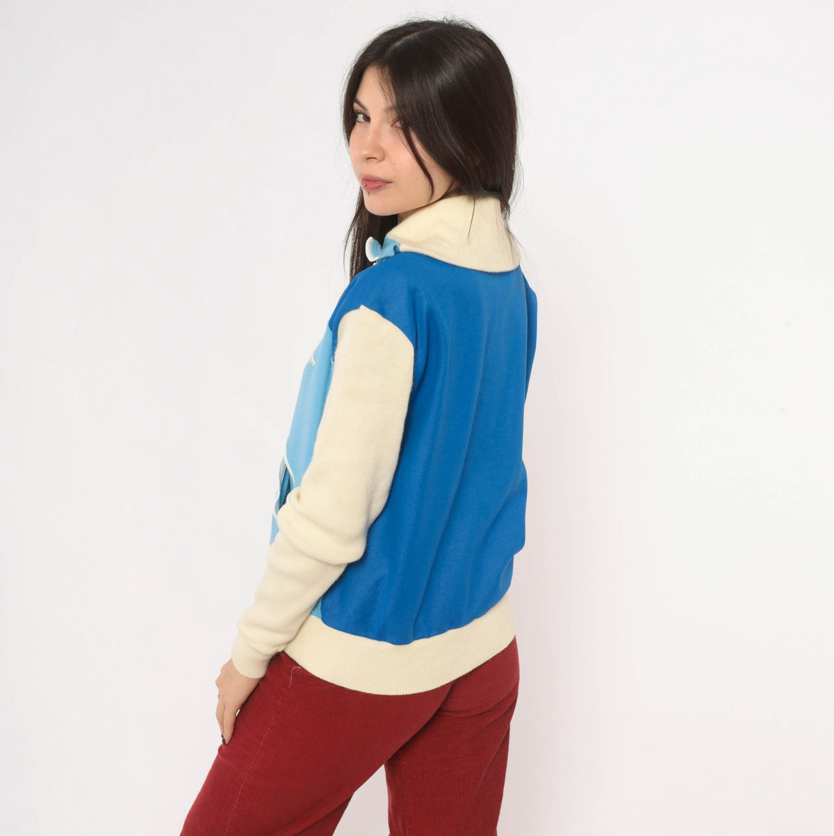 80s Grasshoppers Color Block Track Jacket Light Blue Cream Knit Small