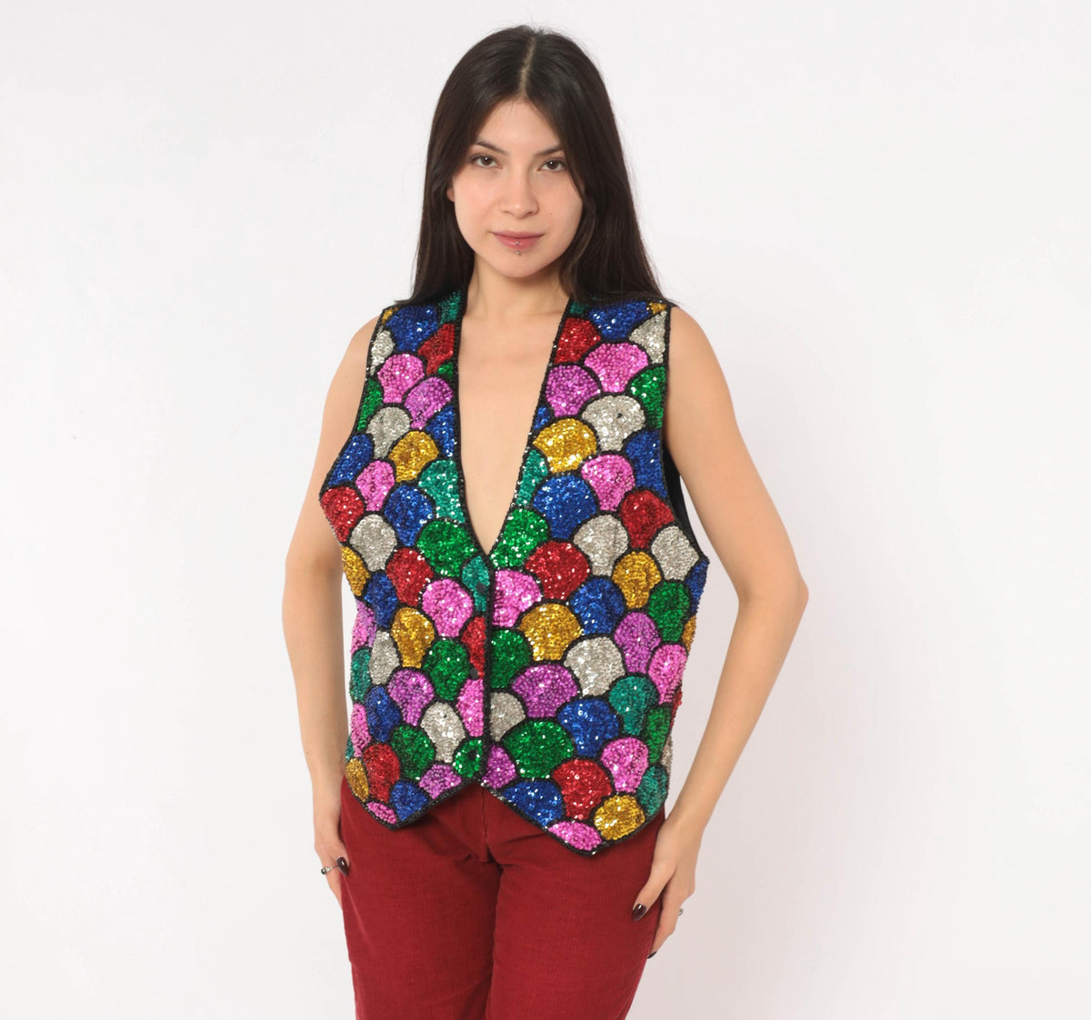 90s Ana Mori Rainbow Sequin Vest Multicolor Mosaic Scale V-Neck Large L