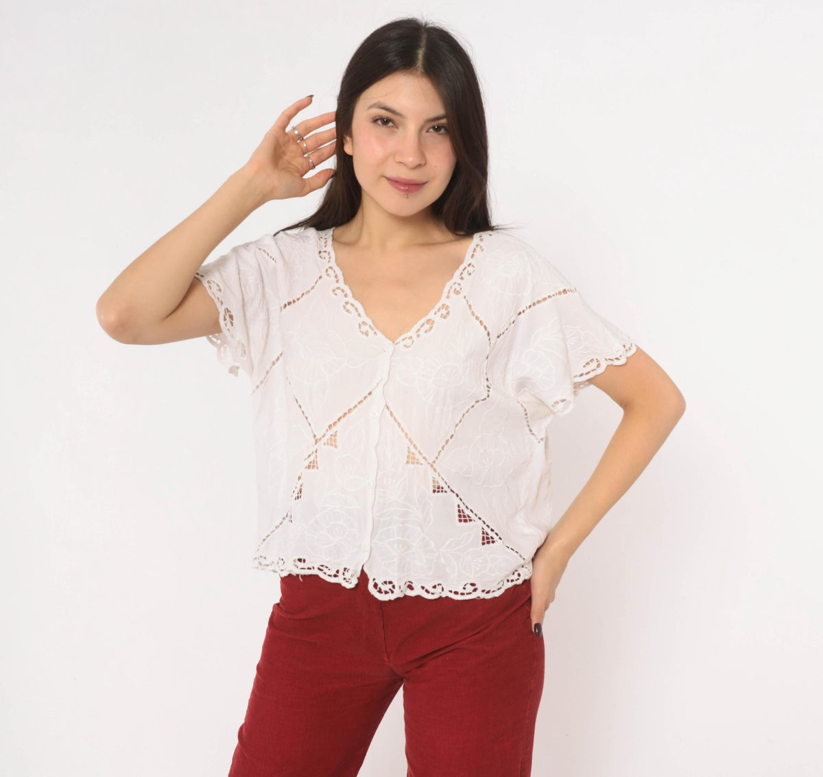 90s Hibis White Cutwork Eyelet Blouse Embroidered Floral Flutter Sleeve Large