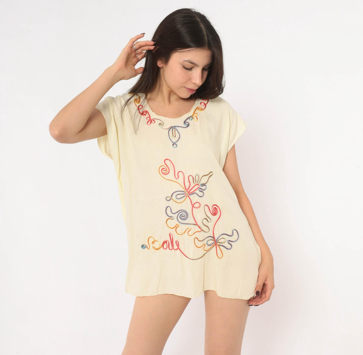 Y2K Cream Blouse Rainbow Soutache Embroidered Floral Cap Sleeve Medium M