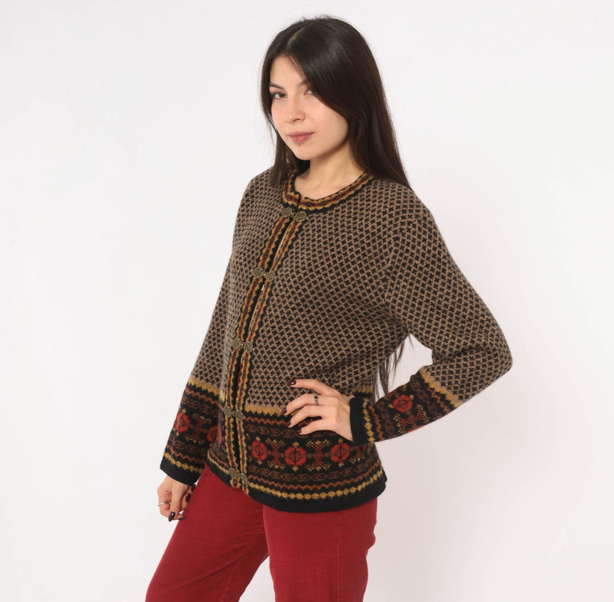 90s Skyr Wool Cardigan Black Tan Fair Isle Nordic Knit Small S