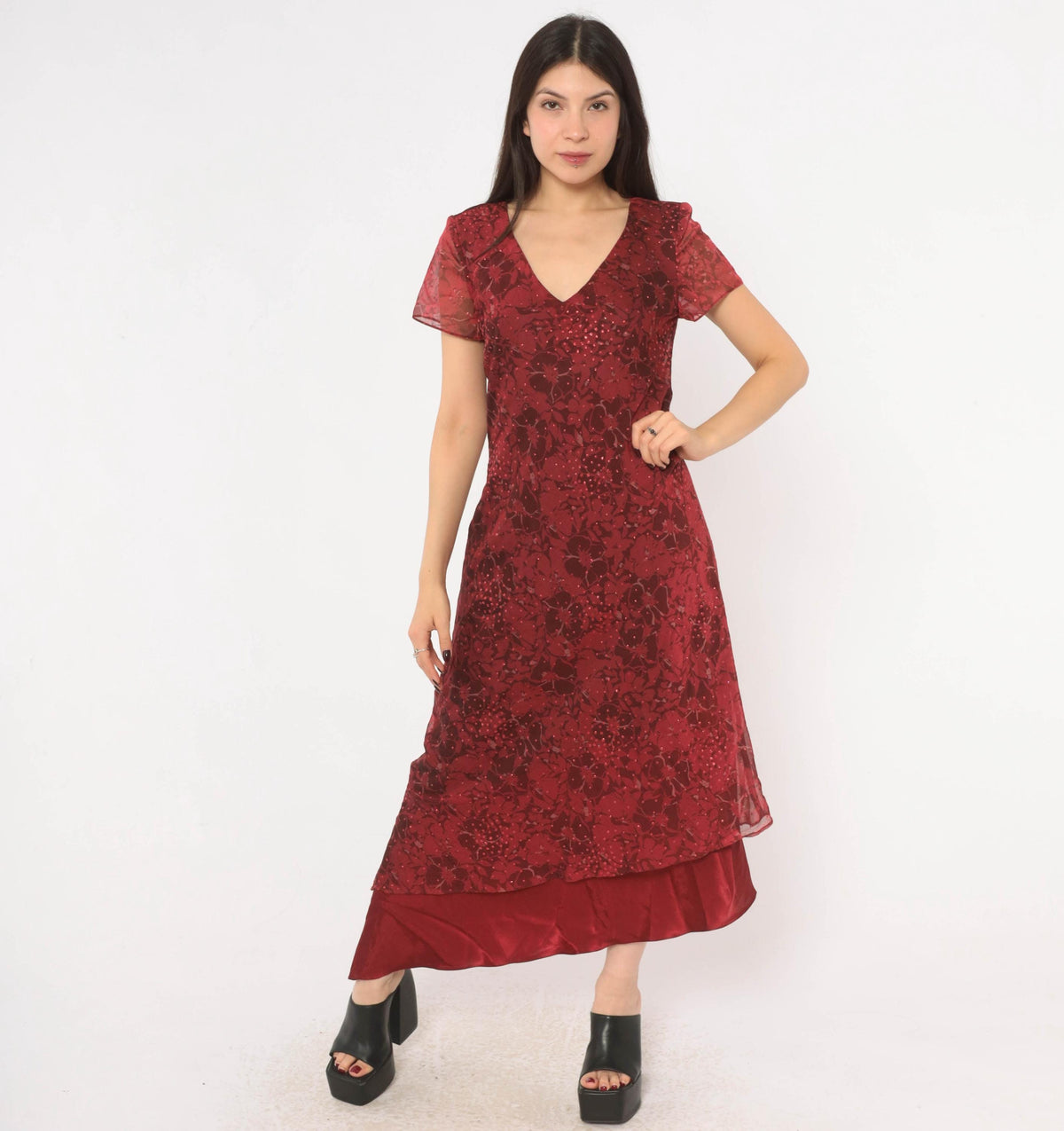 90s Burgundy Floral Midi Dress Positive Attitude Flutter Sleeve Wine Red Medium M