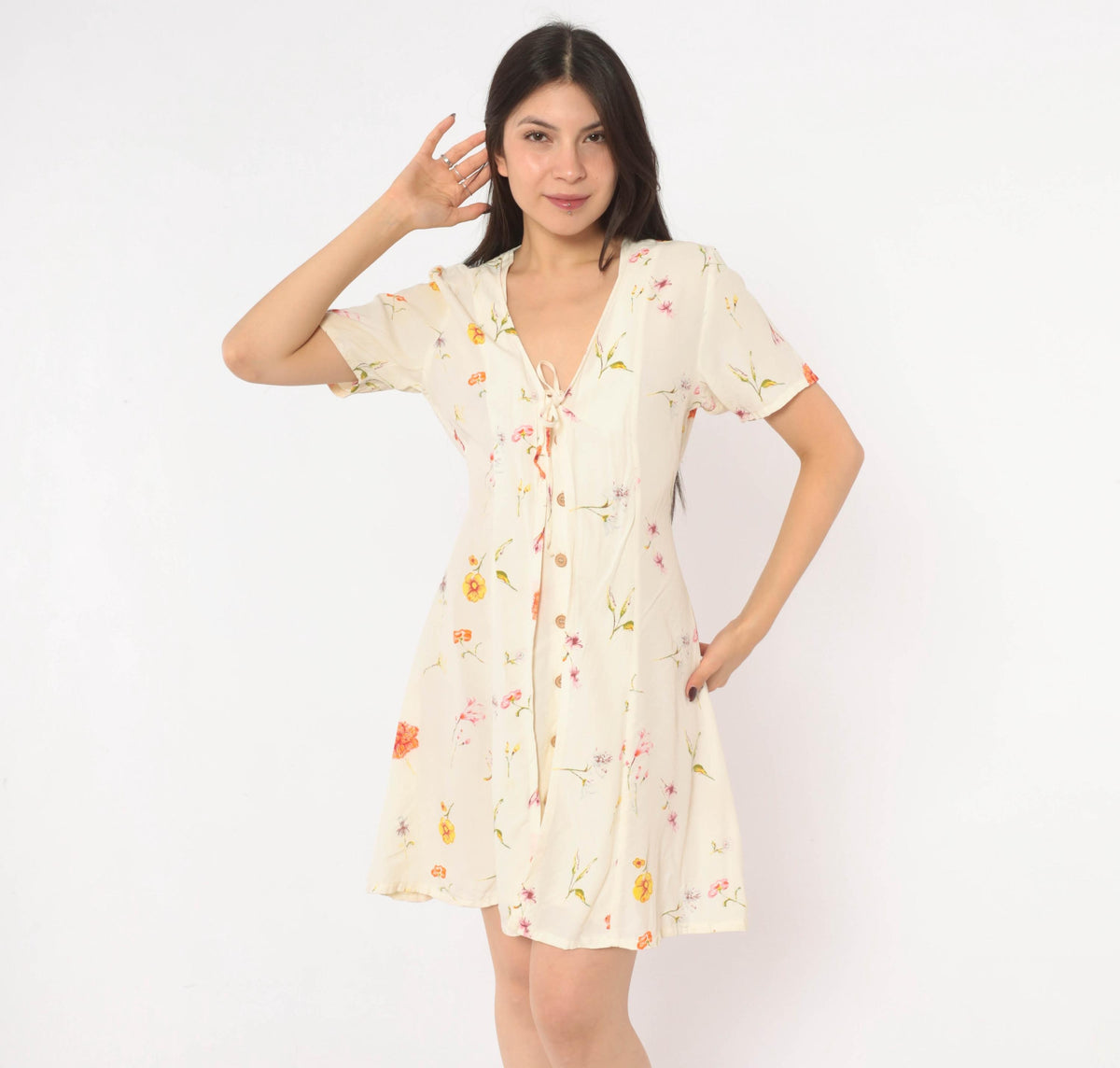 90s Wag Girls Floral Dress Cream Ditsy Print Tie Front Knee Length Extra Small XS