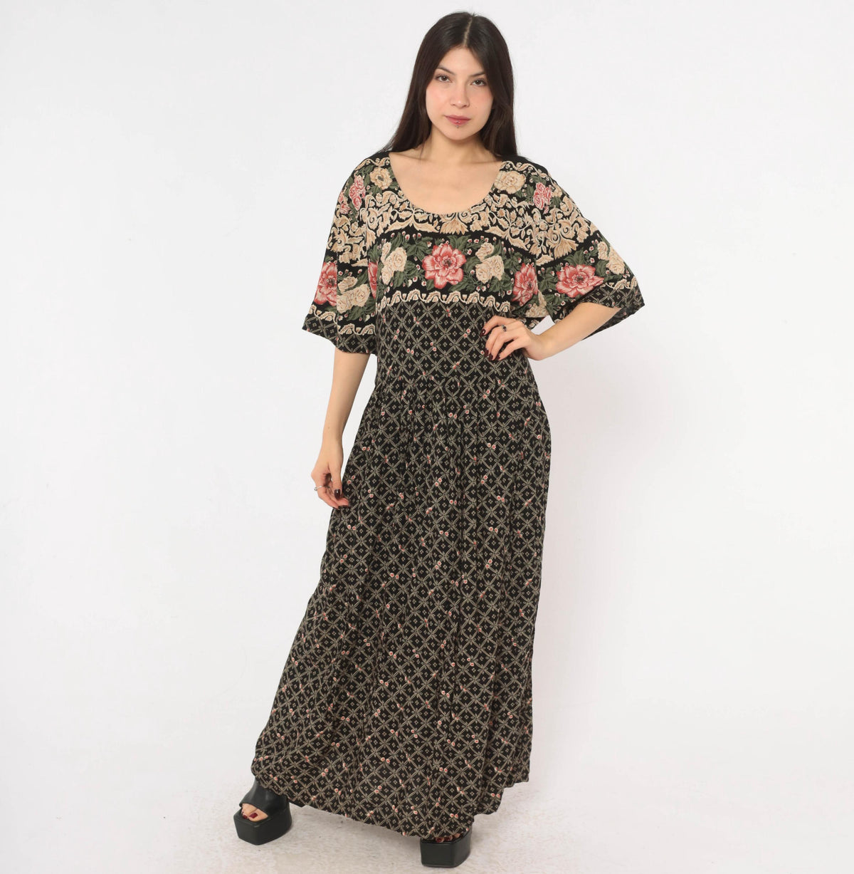 90s Fashion Bug Black Floral Maxi Dress Rose Border Pink Cream Plus Size 3X