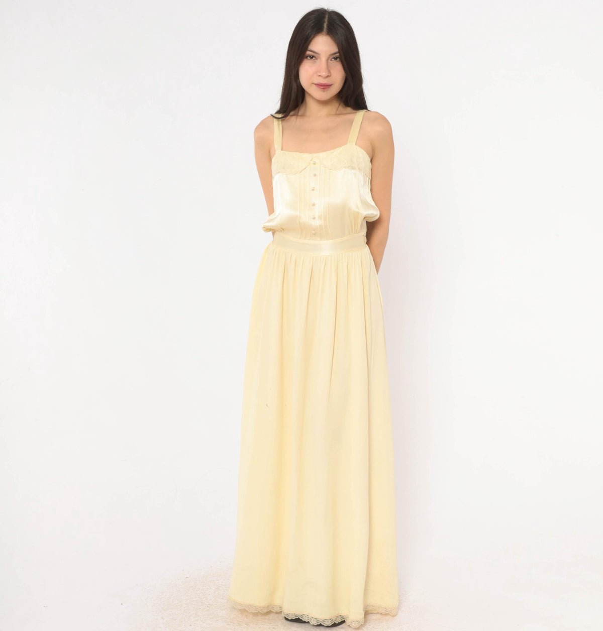 70s Gunne Sax Maxi Dress Cream Satin Lace Pearl Button Spaghetti Strap Medium M