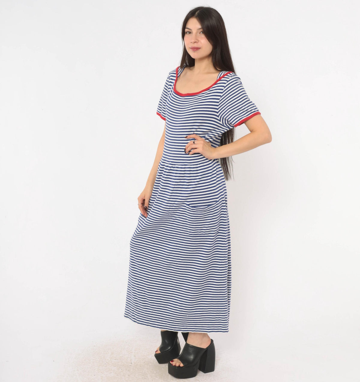 90s Talbots Striped Cotton Maxi Dress Cobalt Blue White Red Trim Large L