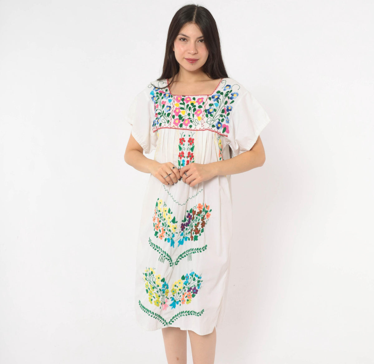 90s Mexican Embroidered Cotton Dress White Floral Puff Sleeve Square Neck Small