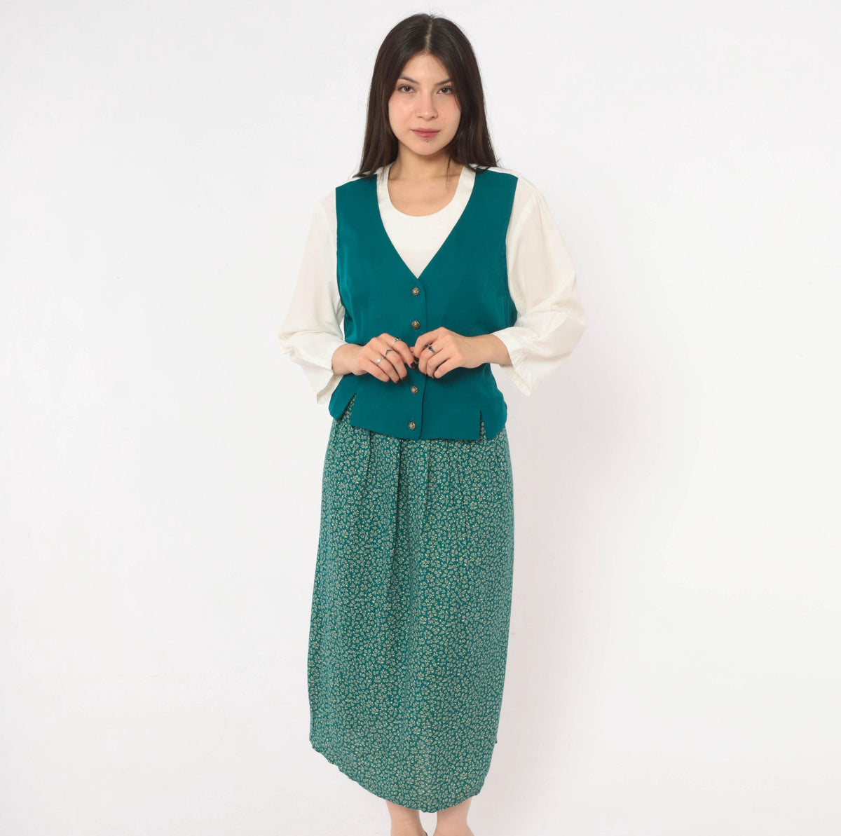 90s Olivia Rose Ditsy Floral Midi Dress Teal Green Vest Bodice Large L