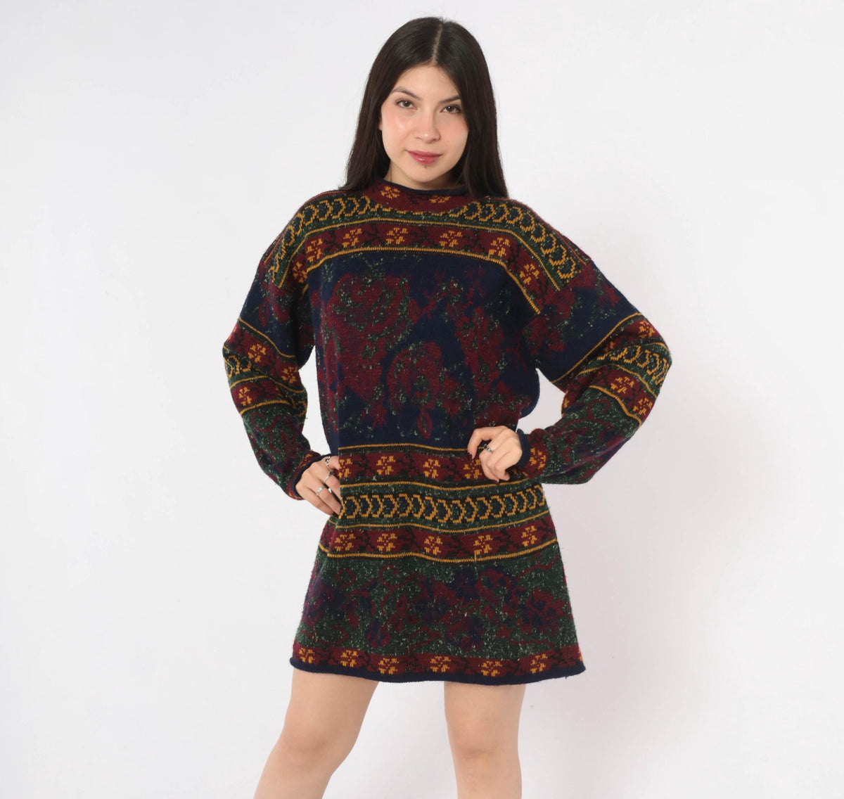 90s Colter Bay Sweater Dress Burgundy Navy Floral Fair Isle Mock Neck Medium