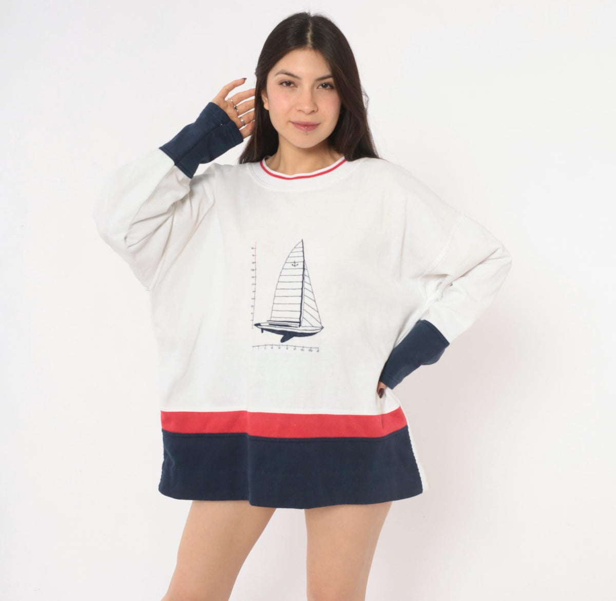 90s Kini Sailboat Embroidered Crewneck Sweatshirt White Navy Cotton Extra Large XXL
