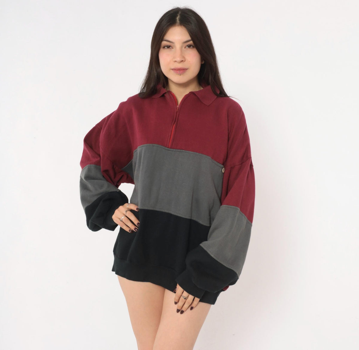 90s Colorblock Quarter Zip Sweatshirt Burgundy Grey Black Extra Large