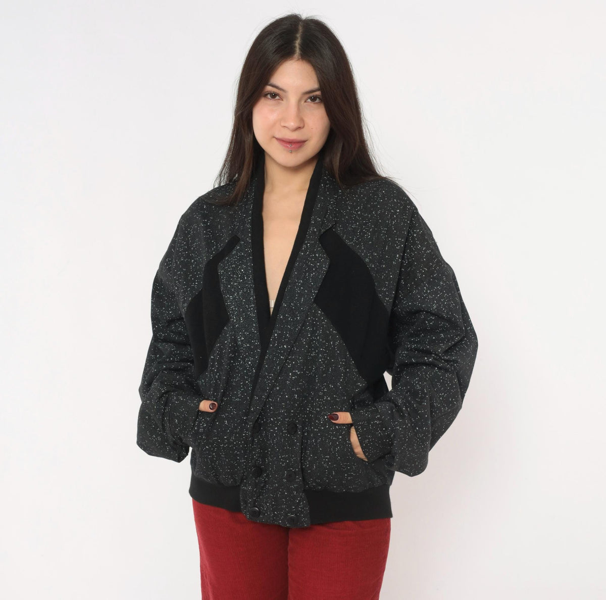 90s Code Zero Black Cotton Bomber Jacket White Speckled Notched Lapel Large L